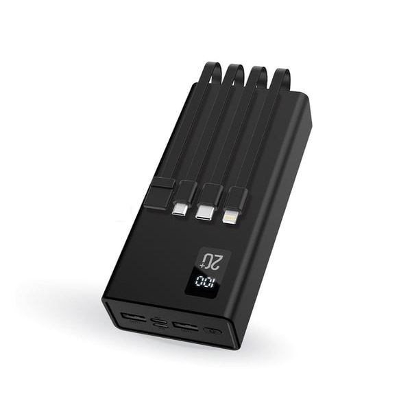 Taşınabilir Şarj Aleti Siyah Powerbank 4in1 Dahili Kablolu 20000 mAh