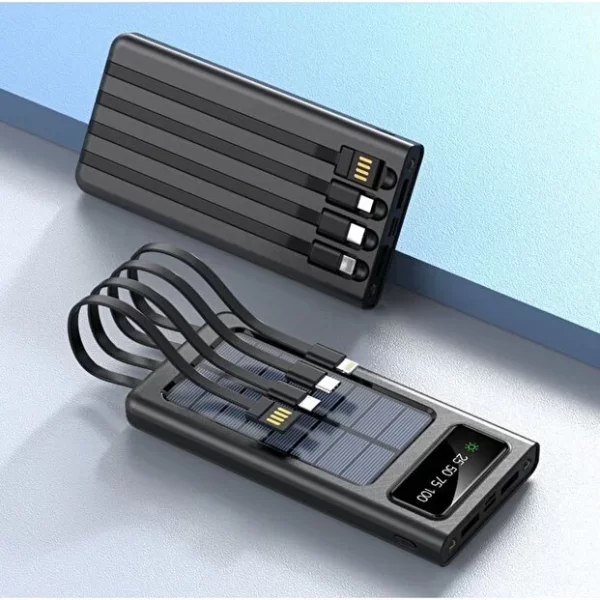 Solar 30.000 Mah Güneş Enerjili Led Işıklı Powerbank Şarj Aleti 2x Usb Çıkışlı Çoklu Kablolu